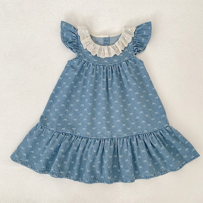 Summer Girls Cute Denim Butterfly-bows Pattern Onesies and Dress – Princess Sister Matching Set, MyKids-USA®, Baby & Toddler Outfits, MyKids-USA - Size/Age - 66 (3-6M) - Color - Light Blue -  -  - TR2603302323-C.