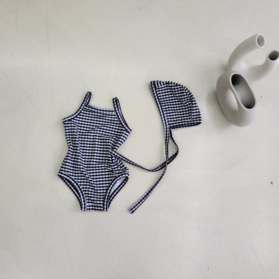 Arrival Girls’ Plaid and Floral Pattern Swimwear with Hat Set, MyKids-USA®, Baby & Toddler Swimwear, MyKids-USA - Size/Age - 66 (3-6M) - Color - Grey -  -  - TR2605282251-C.