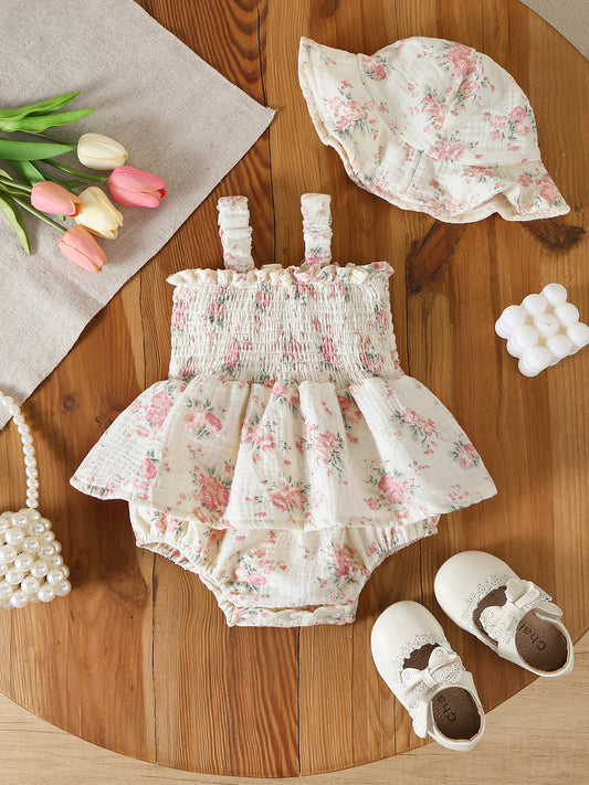 Design Summer Baby Kids Girls Sleeveless Flowers Pattern Bodysuit with Hat