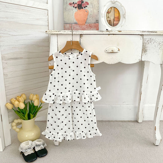 Arrival Summer Baby Kids Girls Sleeveless Dots Pattern Vest and Pants Clothing Set