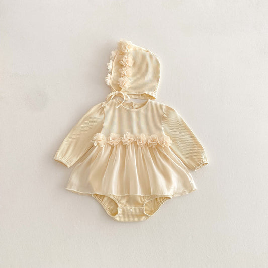 Spring Arrival Baby Girls Cute Floral Pattern Long Sleeves Onesies with Hat, MyKids-USA®, Baby One-Pieces, MyKids-USA - Size/Age - 66 (3-6M) - Color - Beige -  -  - TR2502232358-A