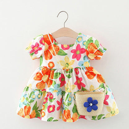 Baby Floral Pattern Short Sleeve Crewneck Dress