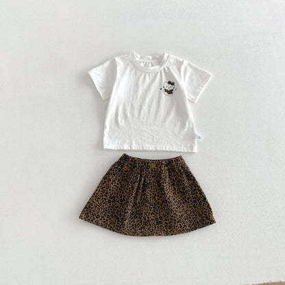 Summer Baby Kids Girls Short Sleeves Cartoon T-shirt and Leopard Skirt Clothing Set, MyKids-USA®, Baby & Toddler Outfits, MyKids-USA - Size/Age - 90 (12-24M) - Color - White -  -  - TR2603262300-A.