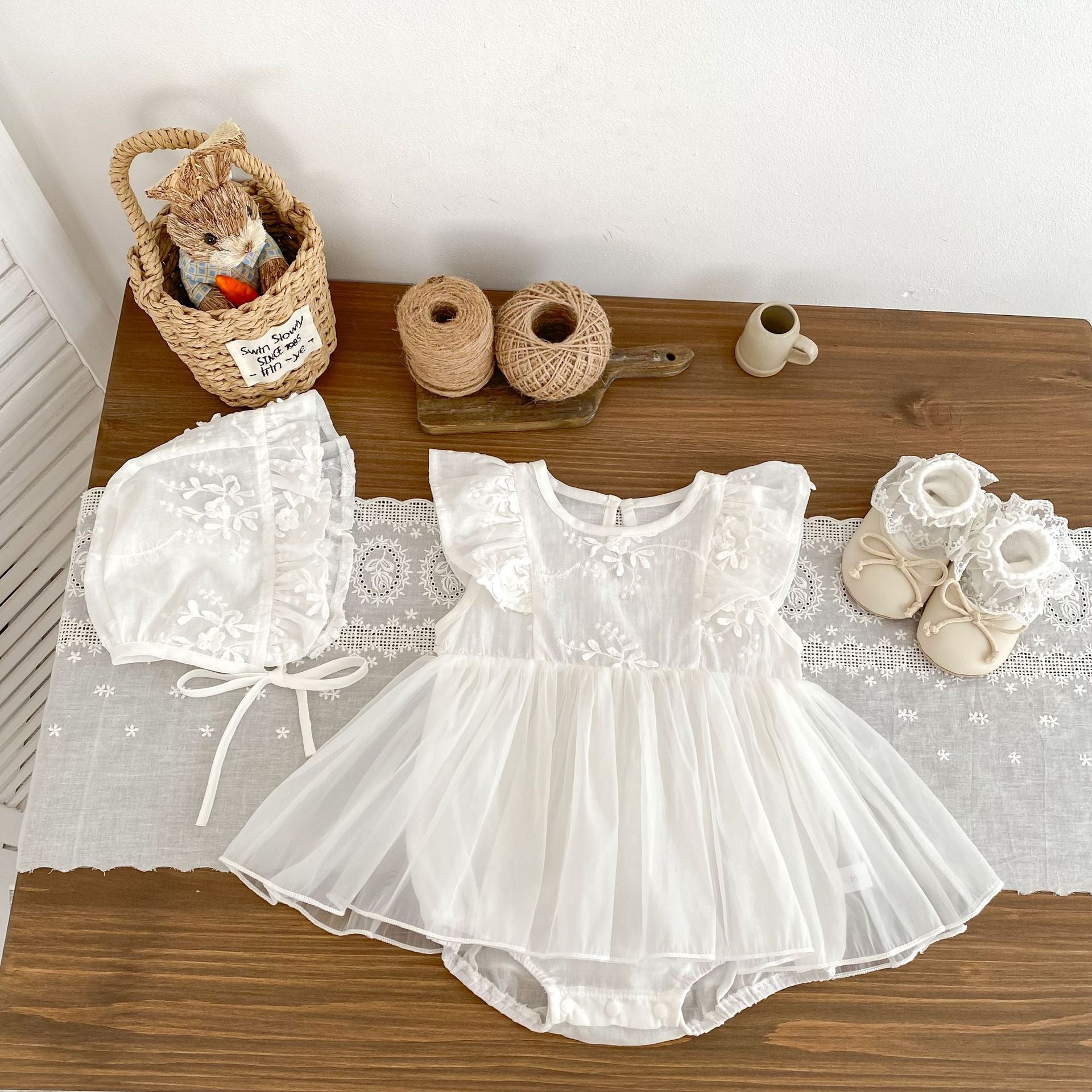 Summer Arrival Baby Girls Cute Solid Color Floral Embroidery Fly Sleeves Dress Design Onesies, MyKids-USA®, Baby One-Pieces, MyKids-USA - Size/Age - 66 (3-6M) - Color - Beige -  -  - TR2504242122-A