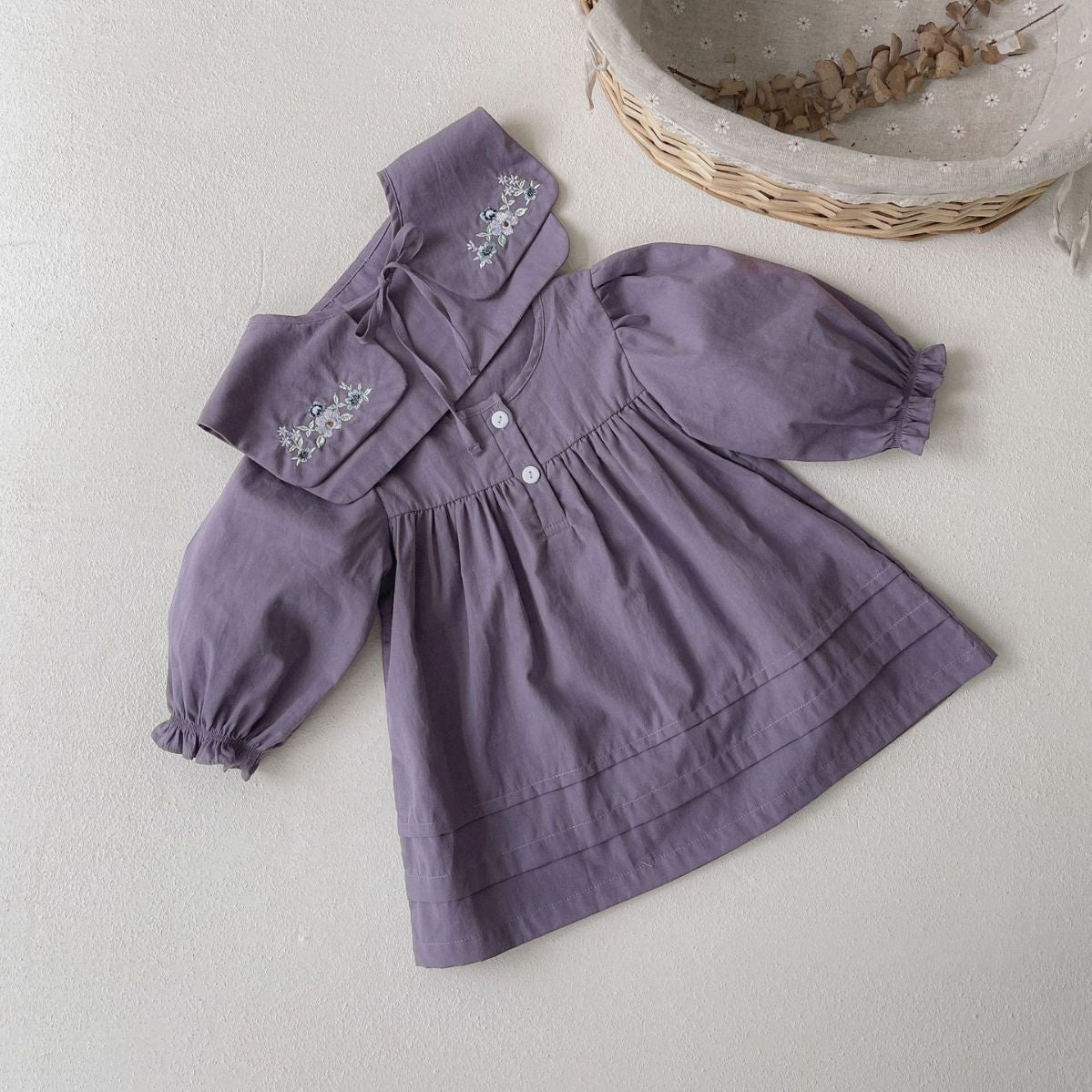 MyKids-USA® Autumn Baby Girls Purple Long-sleeved Bodysuit and Dress with Embroidered Capelet Shawl – Princess Sister Matching Set