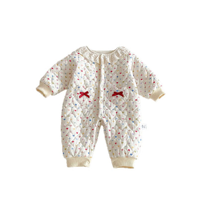 Winter Arrival Baby Girls Long Sleeves Hearts Pattern Fleece-Lined Rompers