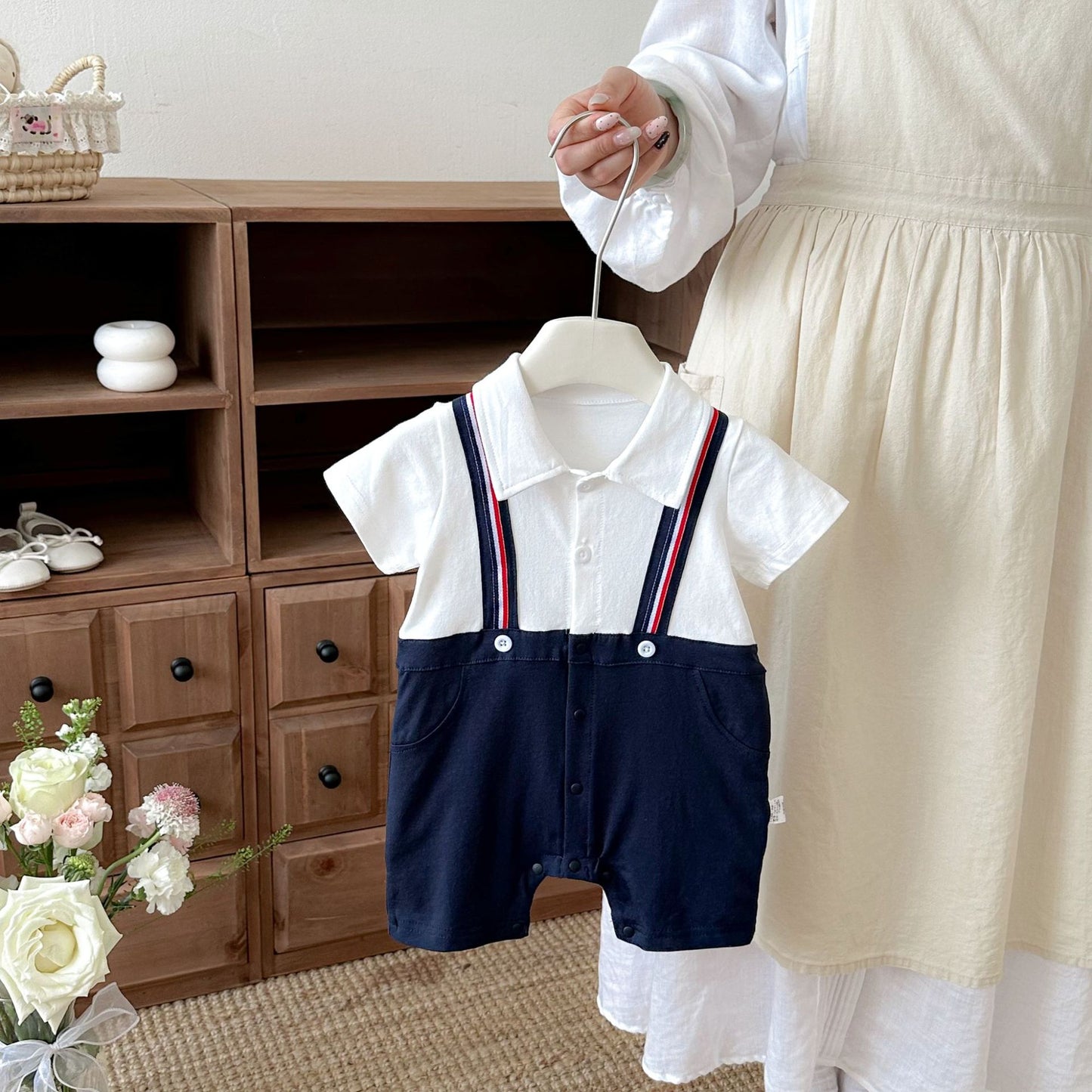 Summer Arrival Baby Boys Short Sleeves Color Patchwork Rompers Bodysuits