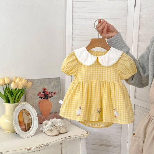 Summer Arrival Baby Girls Short Sleeves Animals Pattern Plaid Bodysuit Dress