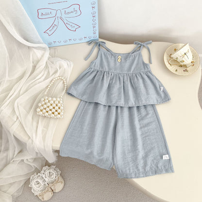 Summer Baby Kids Solid Color Sleeveless Top Vest with Pants Clothing Set for Girls, MyKids-USA®, Baby & Toddler Outfits, MyKids-USA - Size/Age - 73 (6-9M) - Color - Blue -  -  - TR2505152242-B