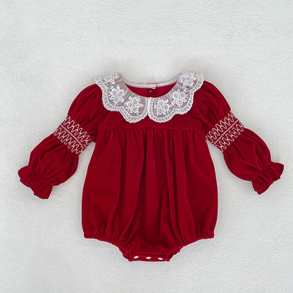 Autumn Baby Girls Lace Trim Collar Long-sleeved Bodysuit and Dress – Princess Sister Matching Set