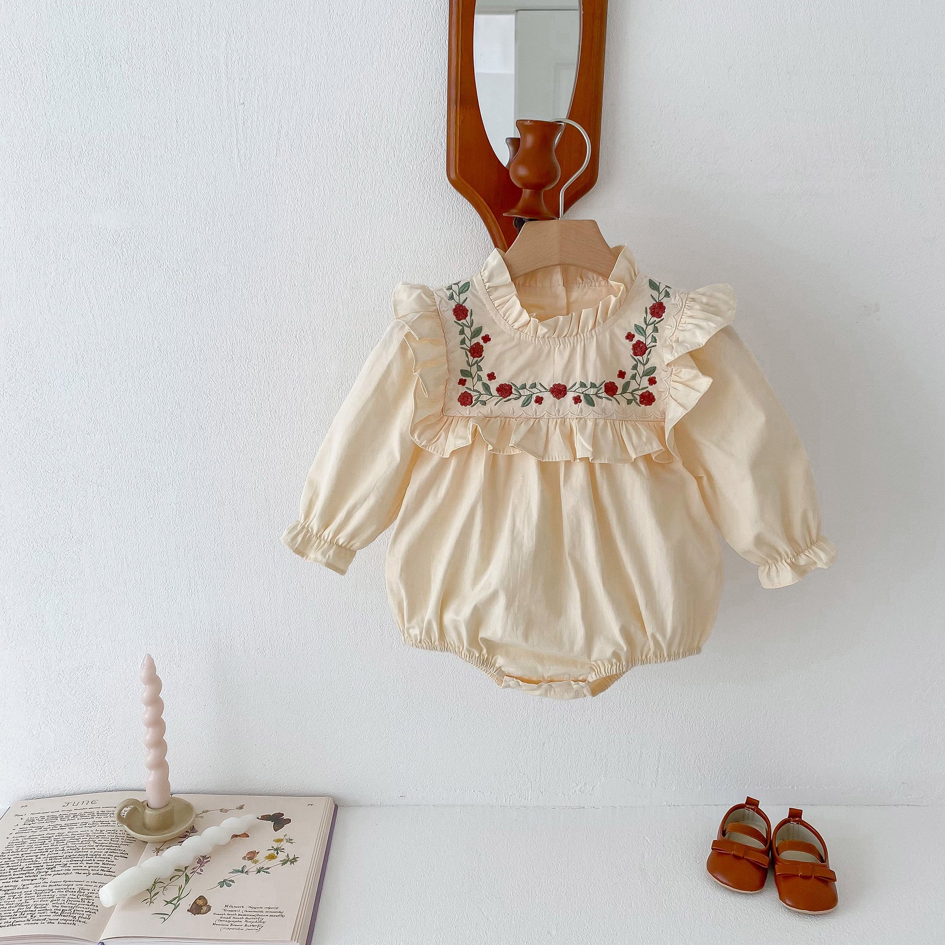 Infant Baby Girls Floral Embroidery Long Sleeve One Piece 66 (3-6M) / Beige Infant Baby Girls Floral Embroidery Long Sleeve One Piece 66 (3-6M) / Beige