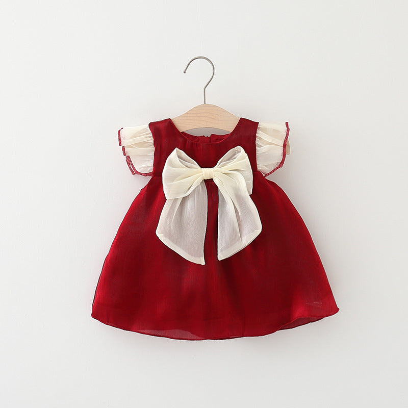Baby Girl Solid Color Bow Tie Patched Design Mesh Princess Dress