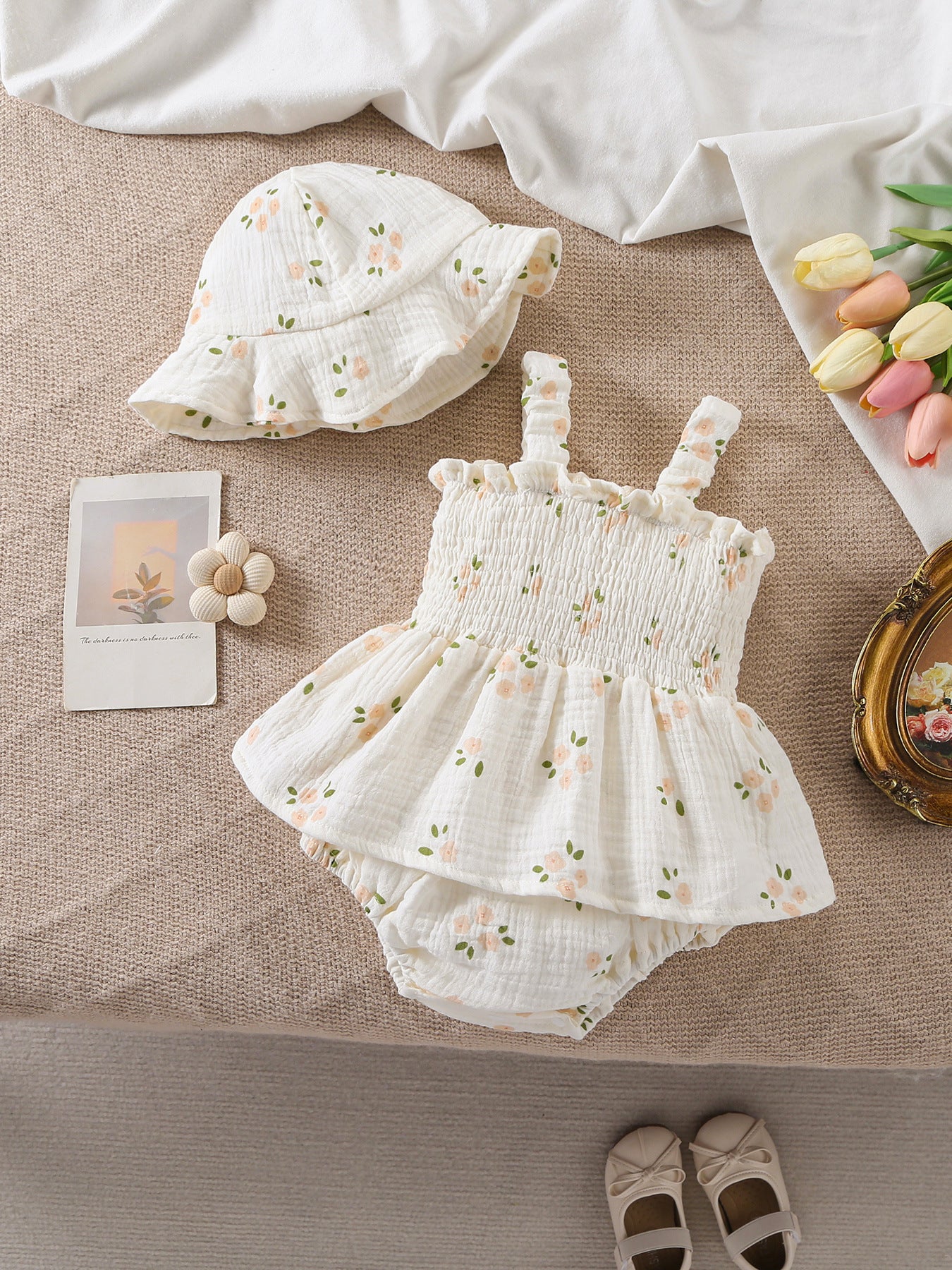 Design Summer Baby Kids Girls Sleeveless Flowers Pattern Bodysuit with Hat, MyKids-USA®, Baby & Children's One-Pieces, MyKids-USA - Size/Age - 66 (3-6M) - Color - Apricot -  -  - TR2605172354-A.