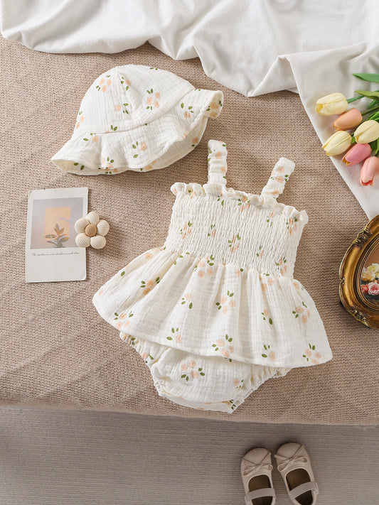 Design Summer Baby Kids Girls Sleeveless Flowers Pattern Bodysuit with Hat, MyKids-USA®, Baby & Children's One-Pieces, MyKids-USA - Size/Age - 66 (3-6M) - Color - Apricot -  -  - TR2605172354-A.