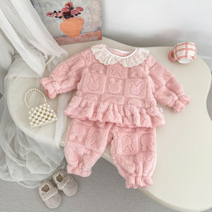 Winter Baby Kids Girls Long Sleeves Cute Rabbits Pattern Top and Pants Fluffy Warm Pajamas Clothing Set, MyKids-USA®, Pajamas, MyKids-USA - Size/Age - 73 (6-9M) - Color - Pink -  -  - TR2512031821-B