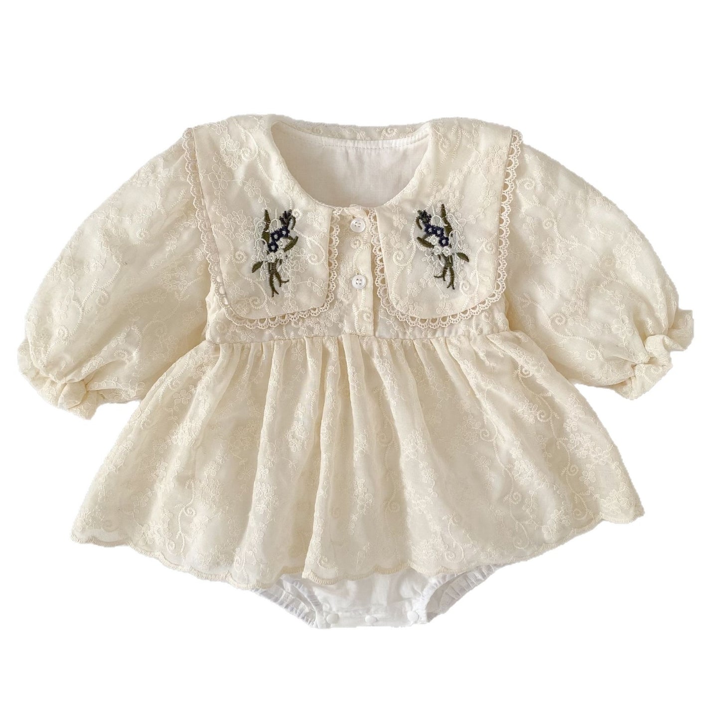 MyKids-USA® Autumn Flowers Pattern Embroidered Baby Kids Girls Princess Long Sleeves Bodysuit Dress