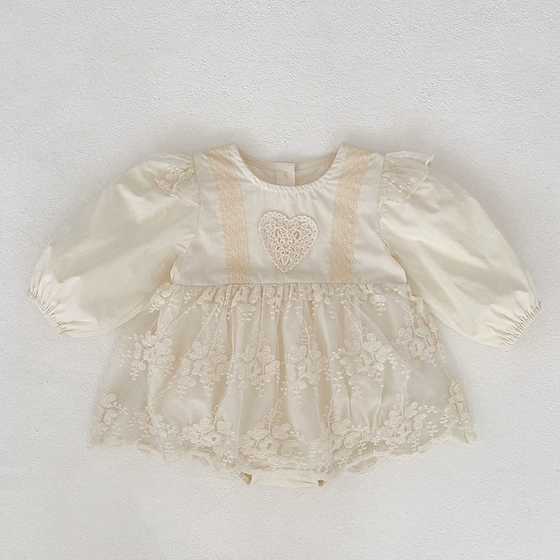 Spring Arrival Baby Girls Long Sleeves Floral Tulle Decorated Dress Design Bodysuit