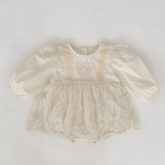 Spring Arrival Baby Girls Long Sleeves Floral Tulle Decorated Dress Design Bodysuit