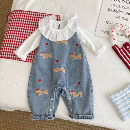Spring and Autumn Baby Kids Girls Long Sleeves Cartoon Pattern Top and Denim Sleeveless Rompers Clothing Set, MyKids-USA®, Baby & Toddler Outfits, MyKids-USA -  -  -  -  -  -  - .
