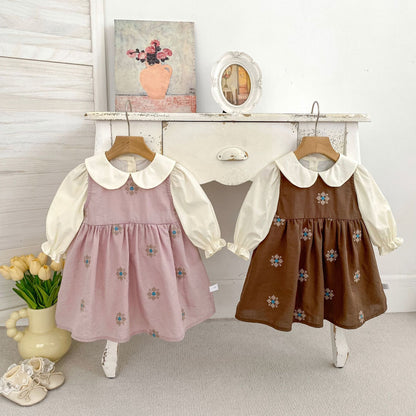 MyKids-USA® Arrival Autumn Baby Kids Girls Long Sleeves Apricot Dress and Flowers Embroidered Sleeveless Dress Clothing Set