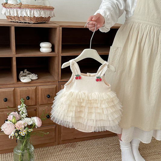 Design Summer Baby Kids Girls Sleeveless Cherry Pattern Tulle Patchwork Bodysuit