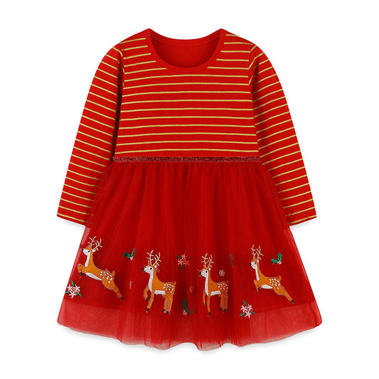 Girls’ European-American Style Santa Claus And Reindeer Embroidered Tulle Dress With Striped Pattern