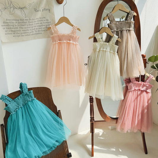 Summer Baby Kids Girls Sleeveless Solid Color Mesh Patchwork Design Off Shoulder Strap Dress, MyKids-USA®, Baby & Toddler Dresses, MyKids-USA -  -  -  -  -  -  - 