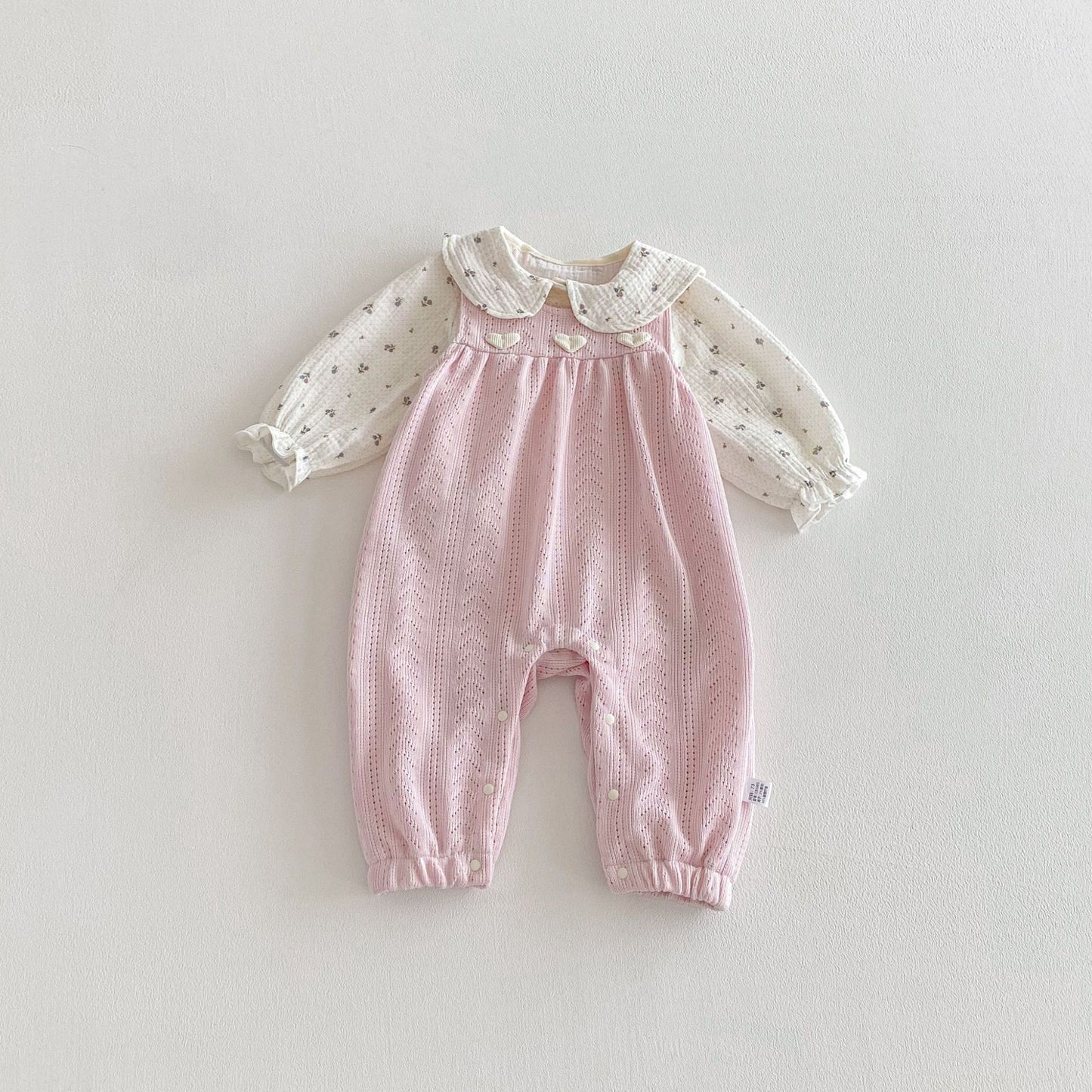 Spring and Autumn Baby Kids Girls Long Sleeves Floral Pattern Top and Pink Sleeveless Hollow-out Rompers Clothing Set