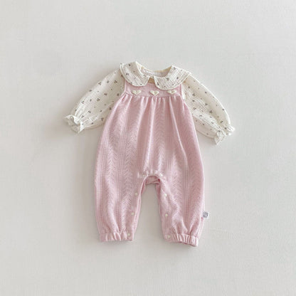Spring and Autumn Baby Kids Girls Long Sleeves Floral Pattern Top and Pink Sleeveless Hollow-out Rompers Clothing Set
