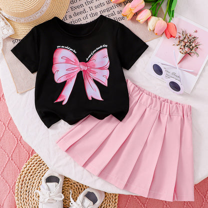 Summer Baby Kids Girls Short Sleeves Butterfly-bow Pattern Top and Pink Skirt Set