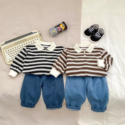 Spring and Autumn Baby Kids Unisex Striped Pattern Top Polo Shirt and Denim Pants Clothing Set, MyKids-USA®, Baby & Toddler Outfits, MyKids-USA -  -  -  -  -  -  - 