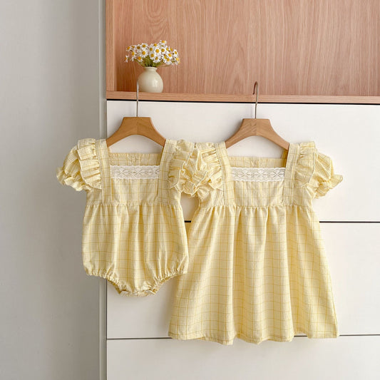 Summer Girls Cute Plaid Pattern Square Neck Onesies and Dress – Princess Sister Matching Set, MyKids-USA®, Baby & Children's Outfits, MyKids-USA -  -  -  -  -  -  - .