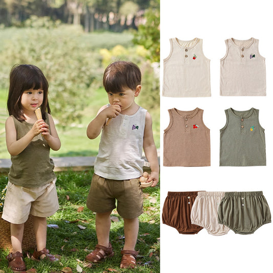 Summer Baby Kids Unisex Fruit Embroidered Logo Sleeveless Simple Vest And Bloomers