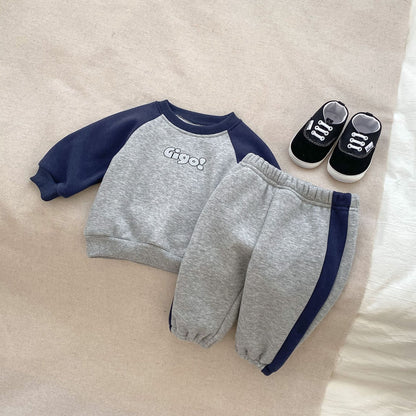 Baby Boy Alphabet Thicken Long-Sleeved Combo Long Pants Sets In Winter
