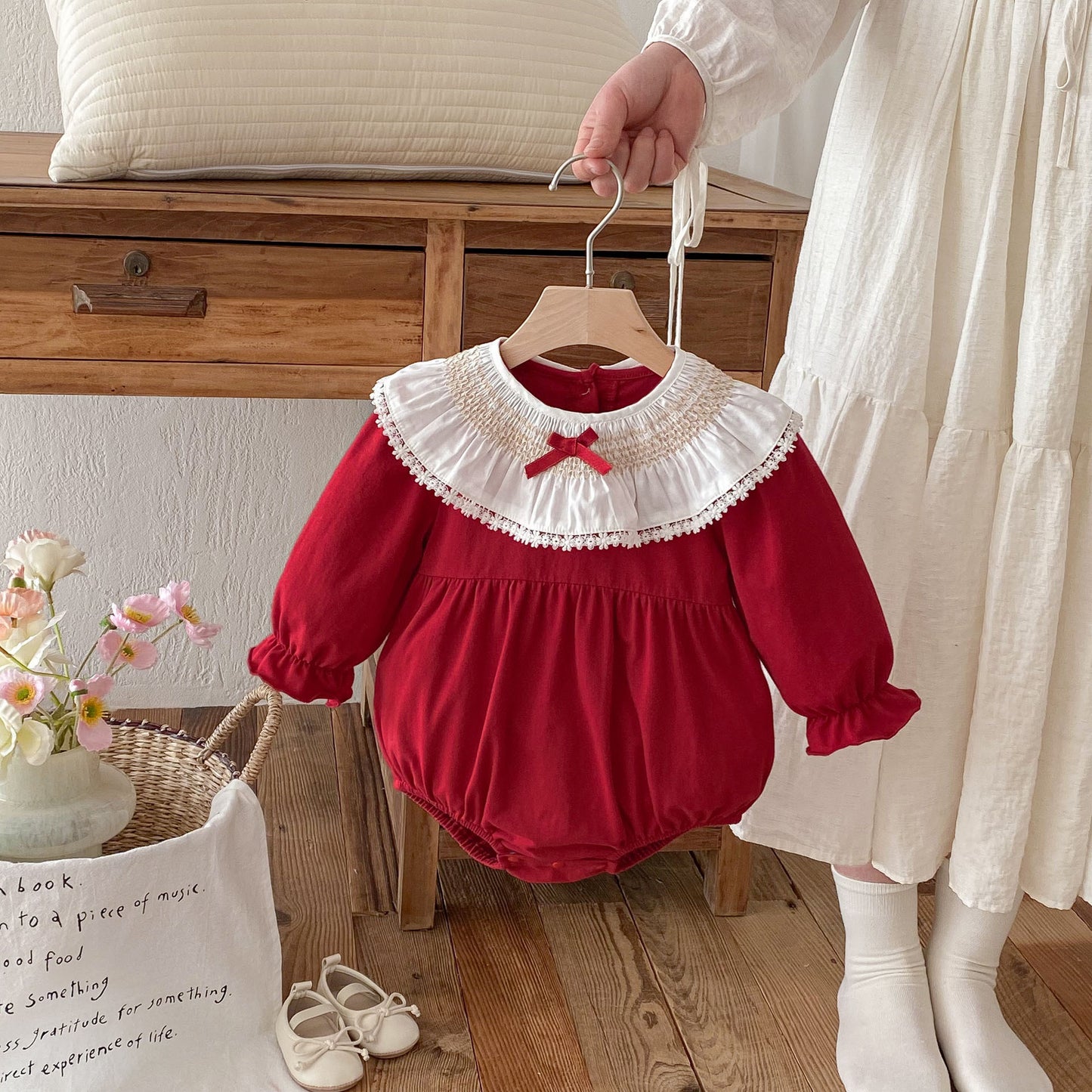 Spring Arrival Baby Girls Cute Floral Pattern Lace Trim Long Sleeves bodysuit, MyKids-USA®, Baby One-Pieces, MyKids-USA - Size/Age - 66 (3-6M) - Color - Red -  -  - TR2502252324-A.