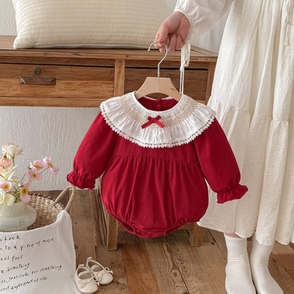 Spring Arrival Baby Girls Cute Floral Pattern Lace Trim Long Sleeves bodysuit, MyKids-USA®, Baby One-Pieces, MyKids-USA - Size/Age - 66 (3-6M) - Color - Red -  -  - TR2502252324-A.