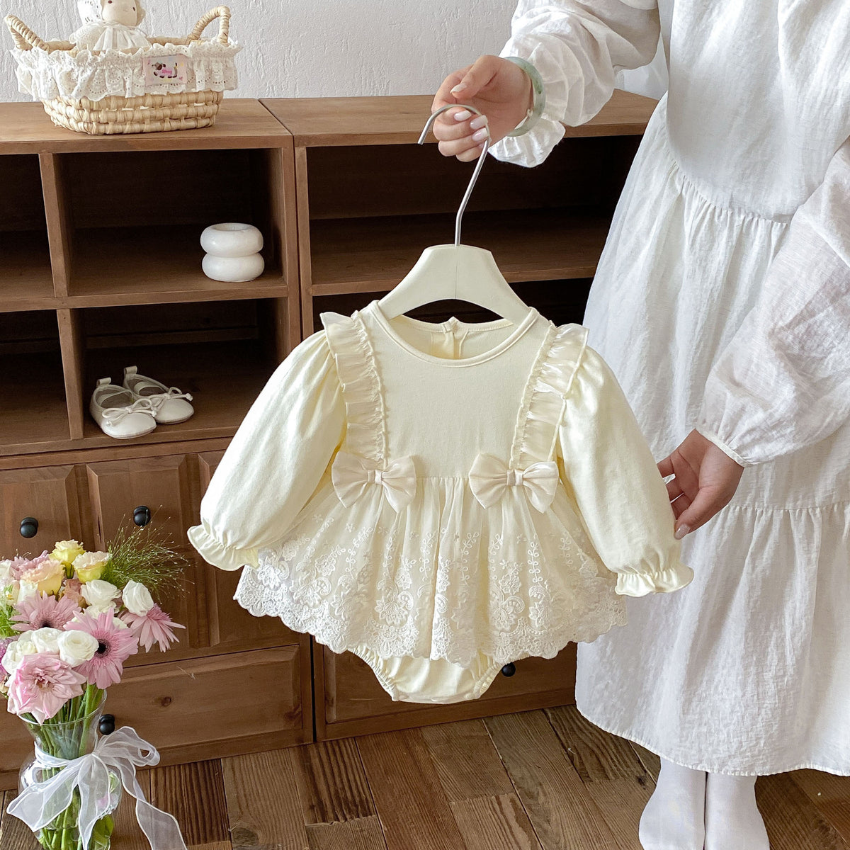 MyKids-USA® Autumn Arrival Baby Girls Long Sleeves Lace Trim Embroidered Pattern Bodysuit Dress