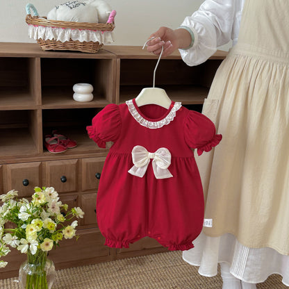 Arrival Summer Baby Kids Girls Short Sleeves Lace Trim Red Rompers
