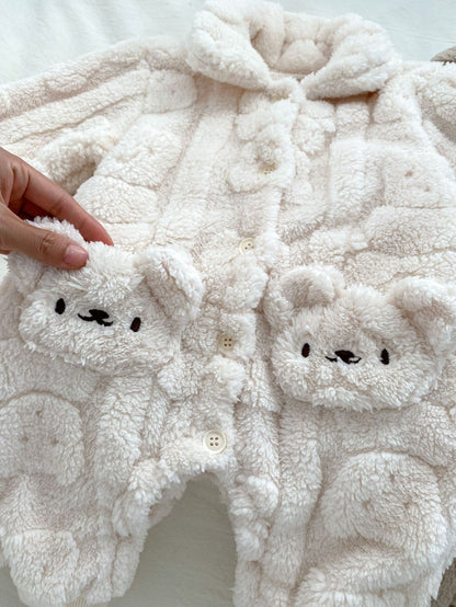 Winter Infant Baby Lovely Teddy Bear Cartoon Pattern Turndown Collar Thermal Pajamas Romper