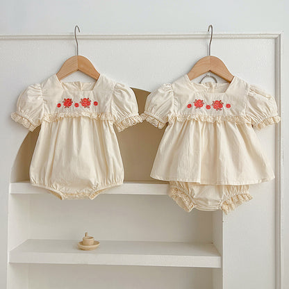 New Arrival Summer Baby Kids Girls Flowers Pattern Embroidery Short Sleeves Square Neck Dress And Bloomers Sets And Onesies – Princess Sister Matching Set