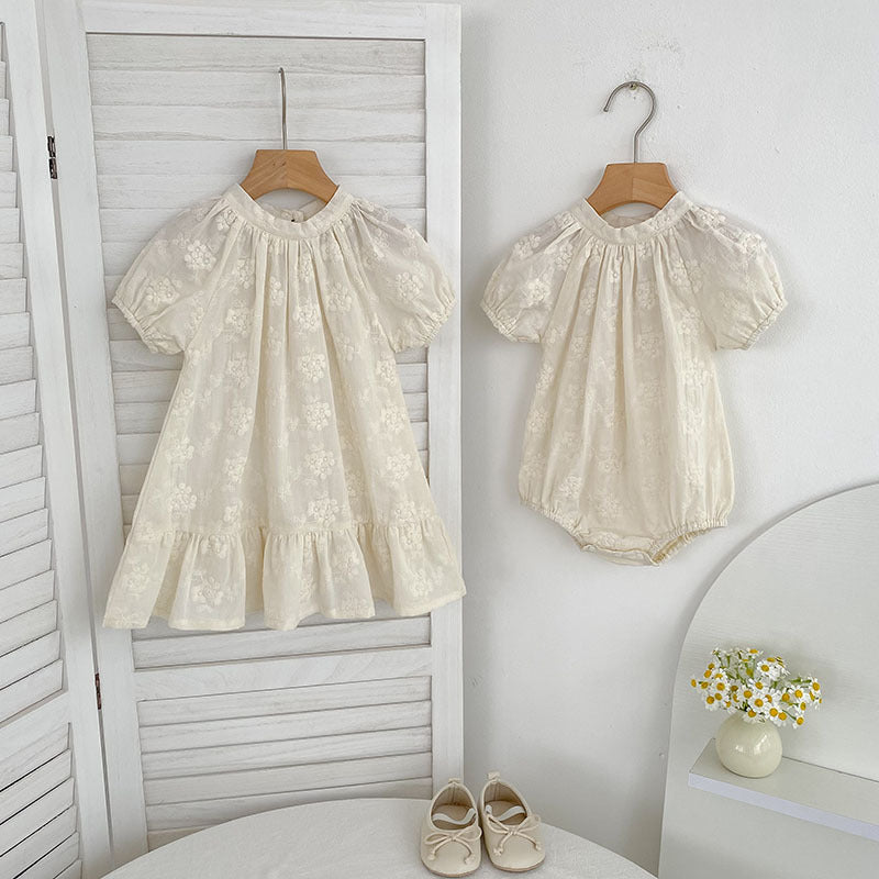 Summer Girls Solid Color Flowers Embroidery Short Sleeves Onesies and Girls’ Dress – Princess Sister Matching Set, MyKids-USA®, Baby & Toddler Outfits, MyKids-USA -  -  -  -  -  -  - 