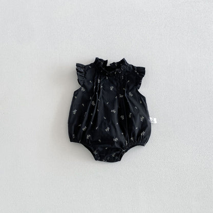 Summer Arrival Baby Girls Fly Sleeves Ruffle Neck Floral Bodysuit, MyKids-USA®, Bodysuits, MyKids-USA - Size/Age - 66 (3-6M) - Color - Black -  -  - TR2603192359-A.