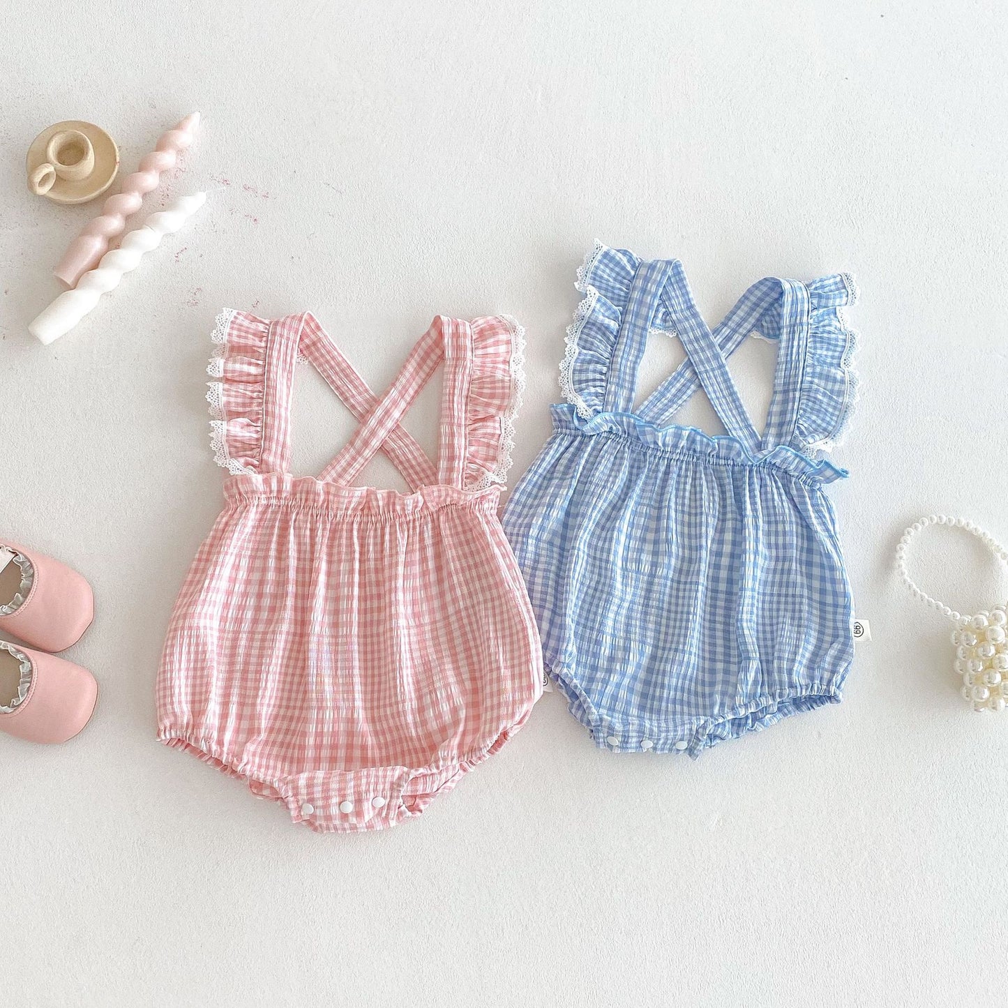 Summer Arrival Baby Girls Sleeveless Plaid Pattern Strap Bodysuit, MyKids-USA®, Baby One-Pieces, MyKids-USA -  -  -  -  -  -  - .