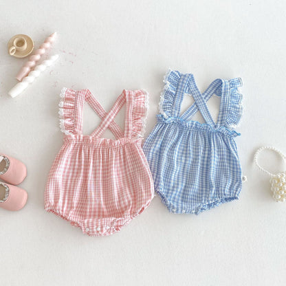 Summer Arrival Baby Girls Sleeveless Plaid Pattern Strap Bodysuit, MyKids-USA®, Baby One-Pieces, MyKids-USA -  -  -  -  -  -  - .