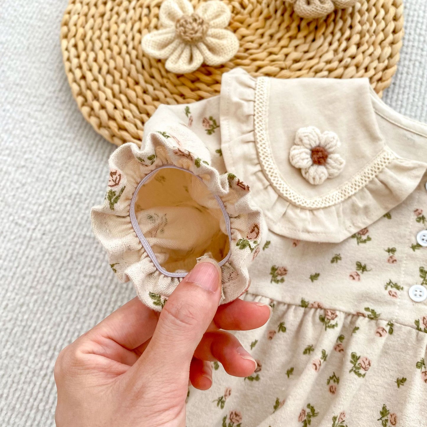 Arrival Spring and Autumn Flowers Pattern Baby Kids Girls Turn-down Collar Onesies and Dress – Princess Sister Matching Set