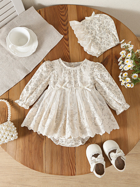 Design Autumn Baby Kids Girls Long Sleeves Flowers Pattern Bodysuit Dress with Hat