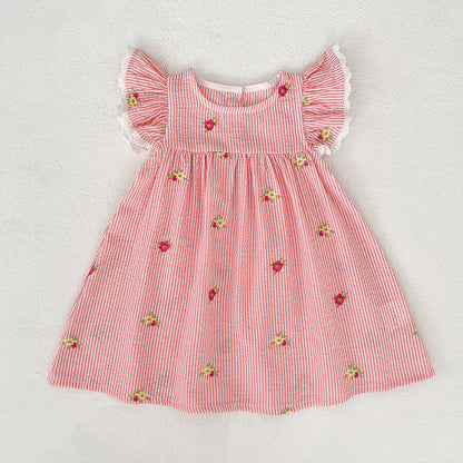 Summer Girls Simple Flowers and Striped Pattern Crew Neck Onesies and Dress – Princess Sister Matching Set, MyKids-USA®, Baby & Toddler Outfits, MyKids-USA - Size/Age - 66 (3-6M) - Color - Pink -  -  - TR2603302311-C.