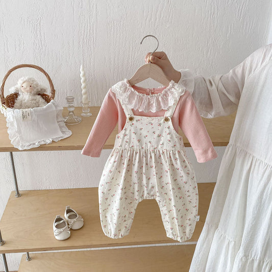 Winter and Autumn Baby Kids Girls Long Sleeves Lace Trim Top and Floral Sleeveless Overalls Clothing Set, MyKids-USA®, Baby & Toddler Outfits, MyKids-USA - Size/Age - 73 (6-9M) - Color - Pink -  -  - TR2511232335-A