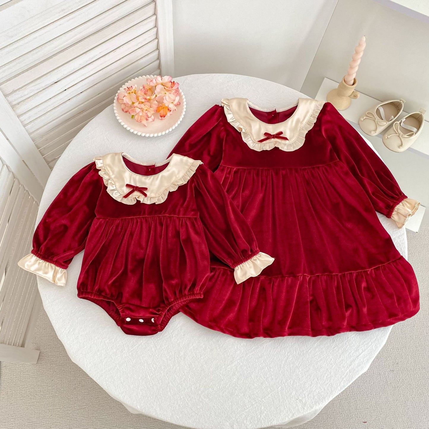 Autumn Arrival Baby Girls Vivid Red Color Patchwork Long-sleeved Onesies and Dress – Princess Sister Matching Set, MyKids-USA®, Baby & Toddler Dresses, MyKids-USA -  -  -  -  -  -  - 