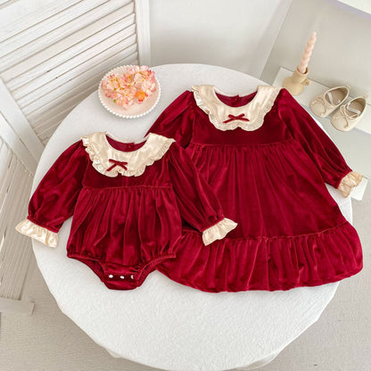 Autumn Arrival Baby Girls Vivid Red Color Patchwork Long-sleeved Onesies and Dress – Princess Sister Matching Set, MyKids-USA®, Baby & Toddler Dresses, MyKids-USA -  -  -  -  -  -  - 